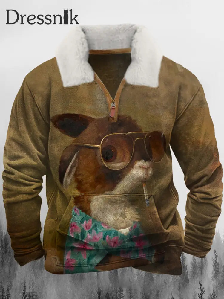 Retro Osterhase Kunst Bedruckte Revers Fluffy Kragen Reiß Verschluss Lässig Lose Sweatshirt A / S