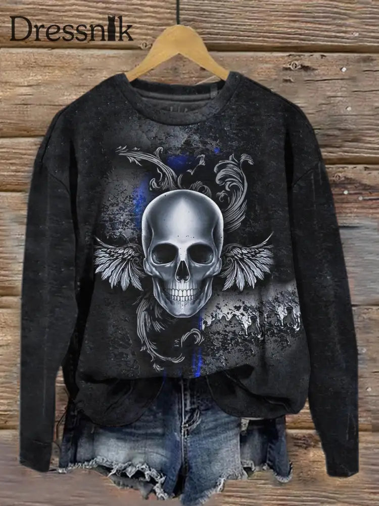 Retro Punk Dark Skull Art Print Modischer Rundhals Pullover Lang Ärmel Iges Oberteil