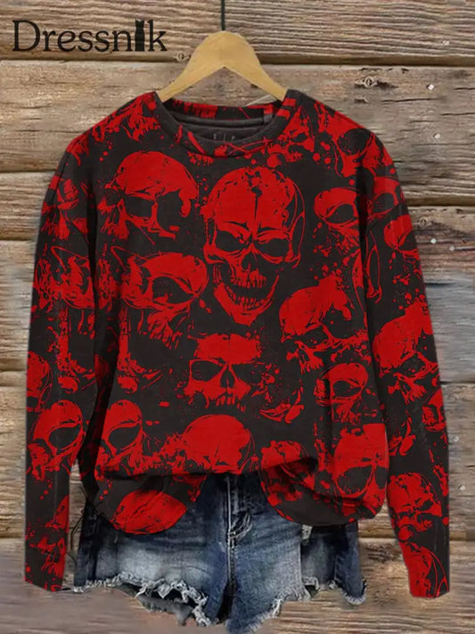 Retro Punk Dark Skull Art Print Modischer Rundhals Pullover Lang Ärmel Iges Oberteil