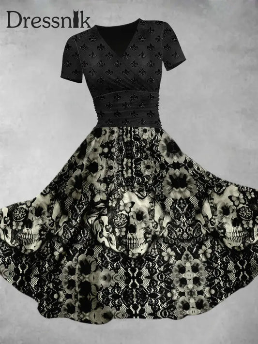 Retro Punk Schädel Blumen Bedruckt V-Ausschnitt Kurzarm Mode Design Midi Kleid A / S