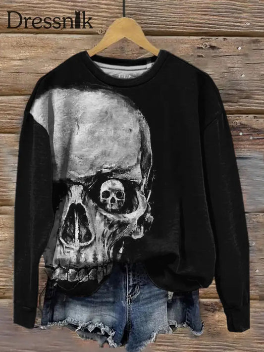 Retro Punk Schädel Kunst Mode Rundhals Pullover Langarm Top