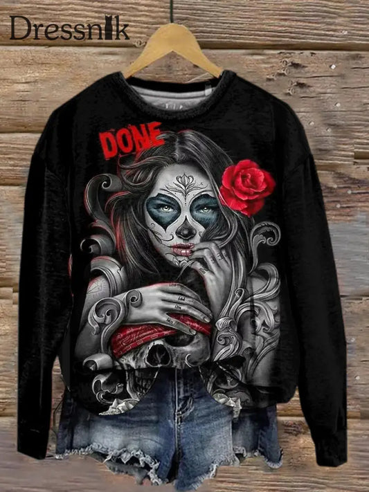 Retro Punk Schädel Mädchen Kunstdruck Mode Rundhals Langarm Top