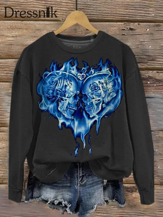 Retro Punk Skull Art Langarm Lässig Lose Top