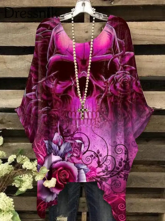 Retro Punk Skull Art Langarm Lässig Lose Top