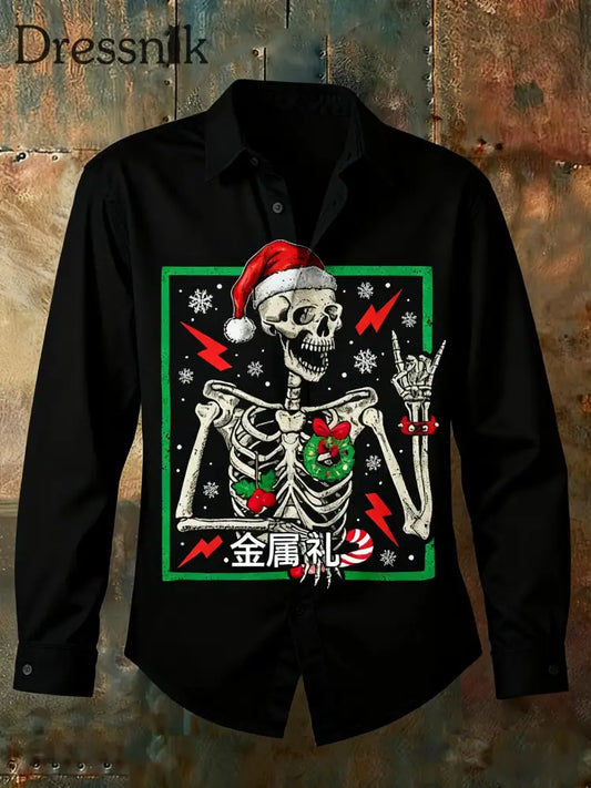 Retro Punk Weihnachten Gothic Spaß Schädel Abstrakt Print Lässiges Langarm-Shirt Schwarz / S
