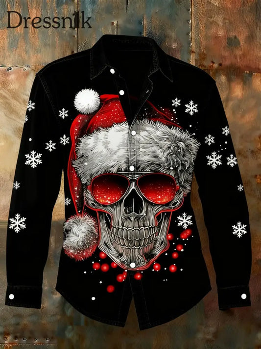 Retro Punk Weihnachts schädel Abstrakt Print Lässiges Langarm-Shirt Schwarz / S