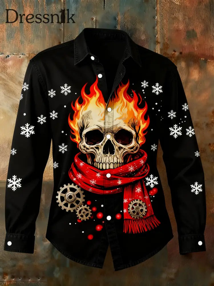 Retro Punk Weihnachts schädel Flammen Abstrakt Print Lässiges Langarm-Shirt Schwarz / S