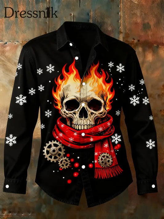Retro Punk Weihnachts schädel Flammen Abstrakt Print Lässiges Langarm-Shirt Schwarz / S