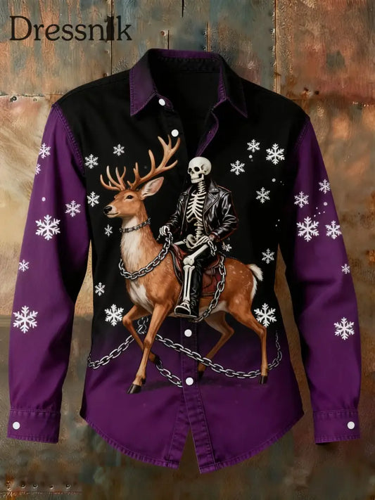 Retro Punk Weihnachts schädel Rentier Abstrakt Print Lässiges Langarm-Shirt Lila / S