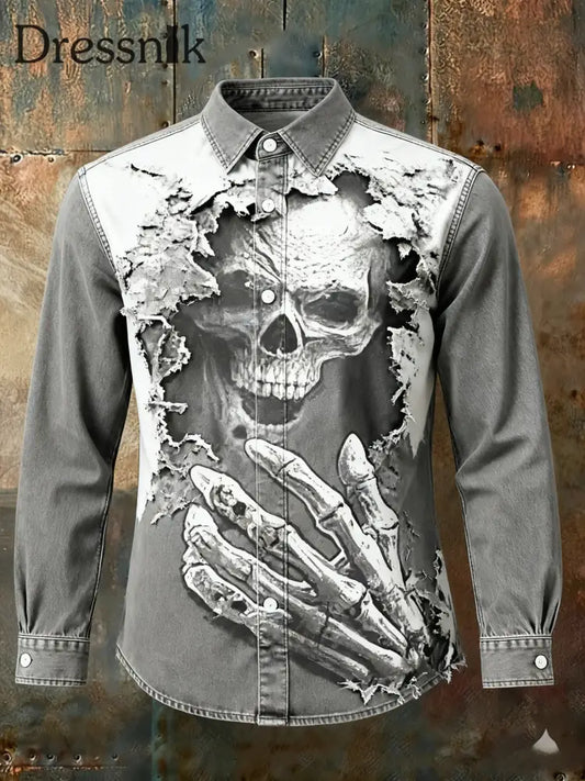 Retro Punk Weihnachts schädel Träne Abstrakt Print Lässiges Langarm-Shirt Grau / S