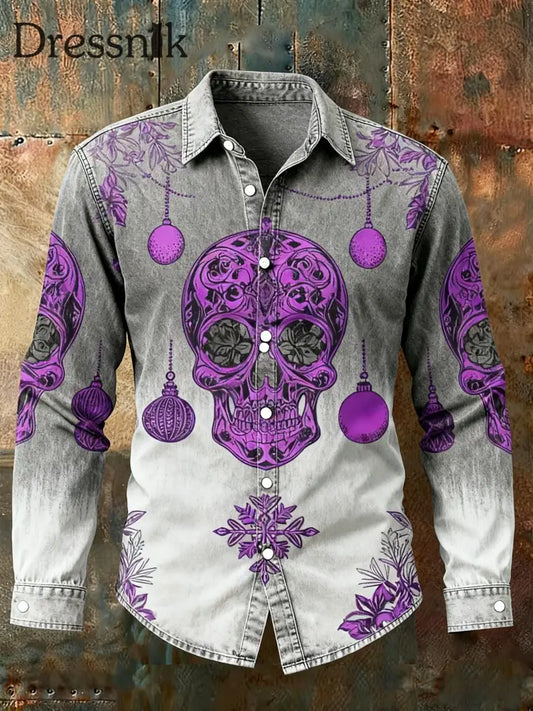 Retro-Punk-Weihnachtskull-Laterne-Gradienten-Abstrakt-Print-Langarm-Hemd Grau / S