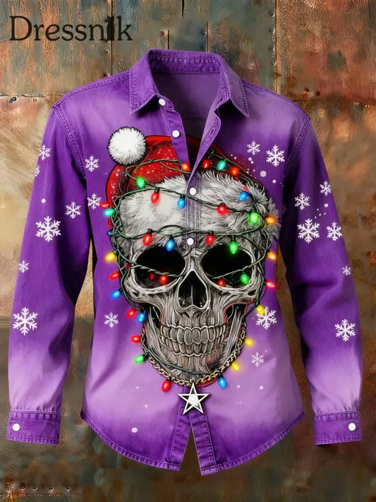 Retro-Punk-Weihnachtskull-Laterne-Gradienten-Abstrakt-Print-Langarm-Hemd Lila / S