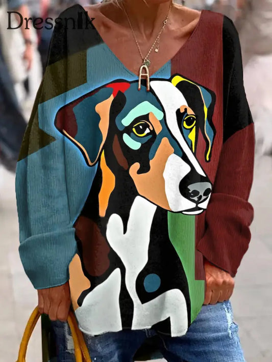 Retro Puppy Art V-Ausschnitt Pullover Lang Ärmel Iges Oberteil