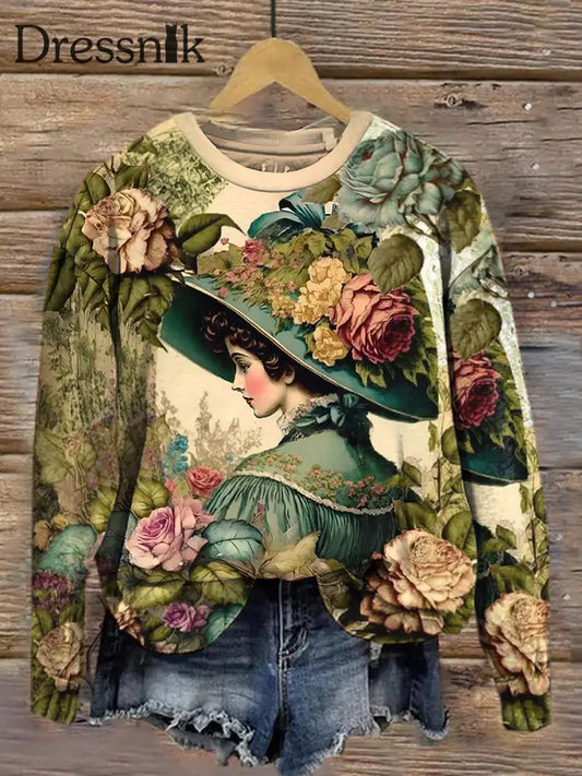 Retro Renaissance Viktoria Nische Damen Bedruckte Mode Rundhals Pullover Langarm Top