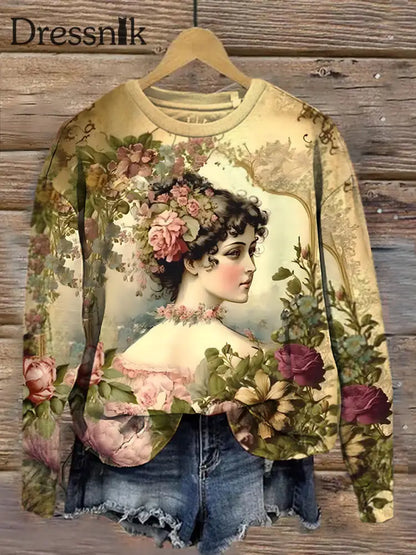 Retro Renaissance Viktoria Nische Damen Bedruckte Mode Rundhals Pullover Langarm Top