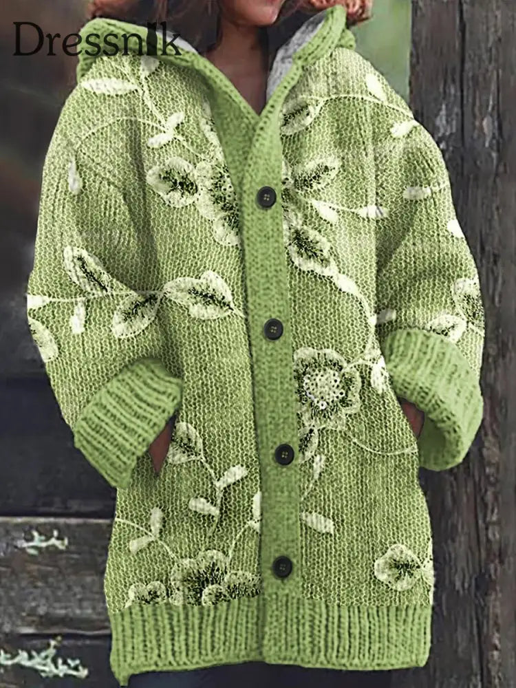 Retro Romantischer Strickjacke Mit Spitze Blumen Druck Knöpfen Dick Lang Ärmelig Kapuze A / S