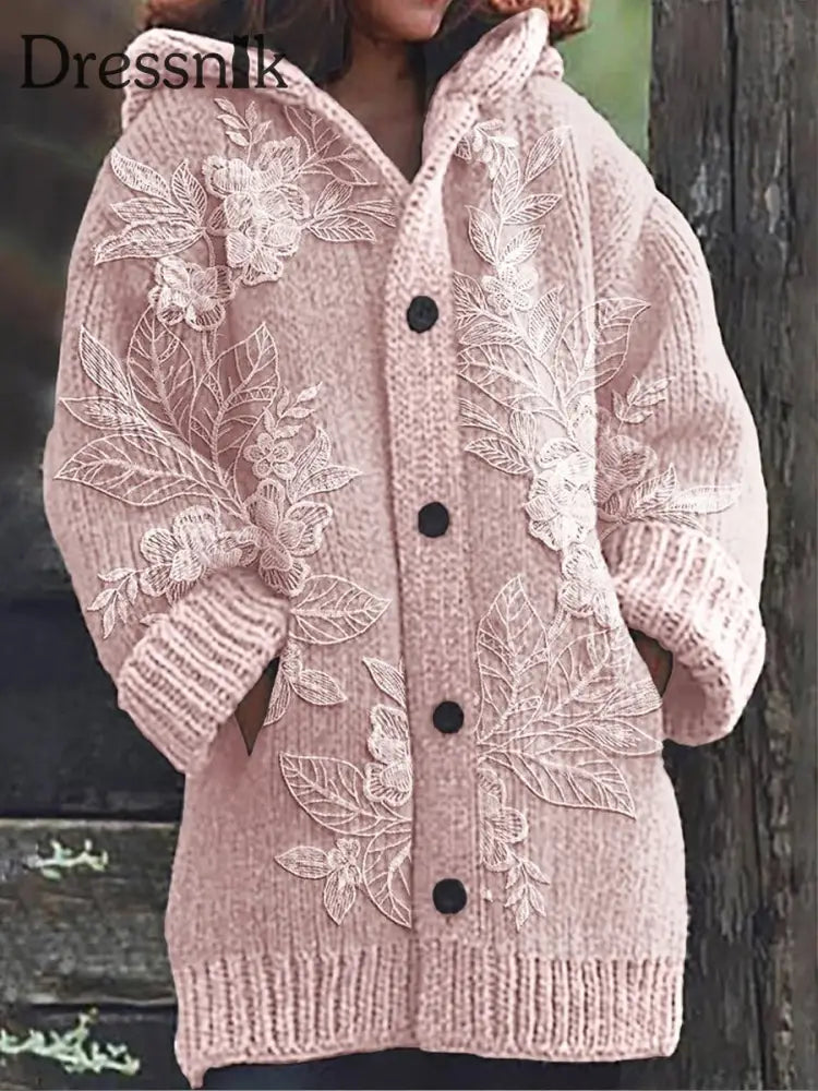 Retro Romantischer Strickjacke Mit Spitze Blumen Druck Knöpfen Dick Lang Ärmelig Kapuze C / S