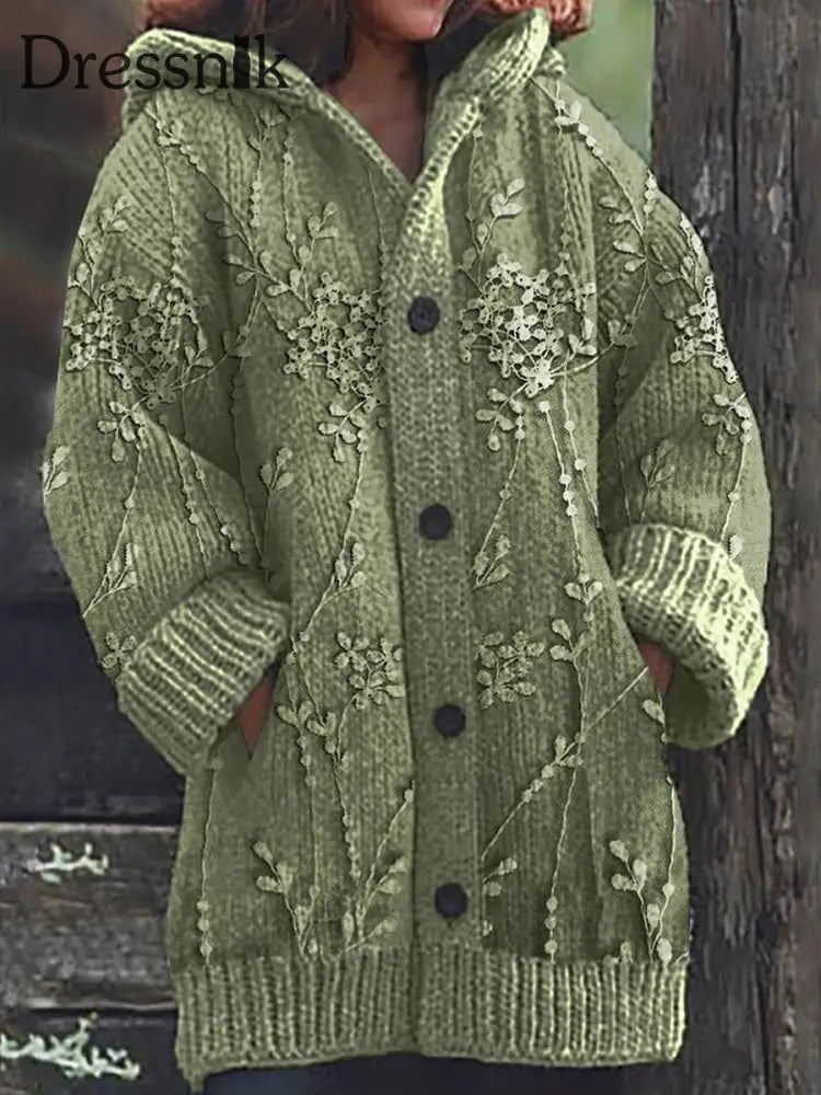 Retro Romantischer Strickjacke Mit Spitze Blumen Druck Knöpfen Dick Lang Ärmelig Kapuze C / S