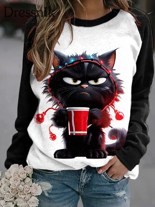 Retro Schwarzer Katzen Druck Modische Rundhals Pullover Langarm Top