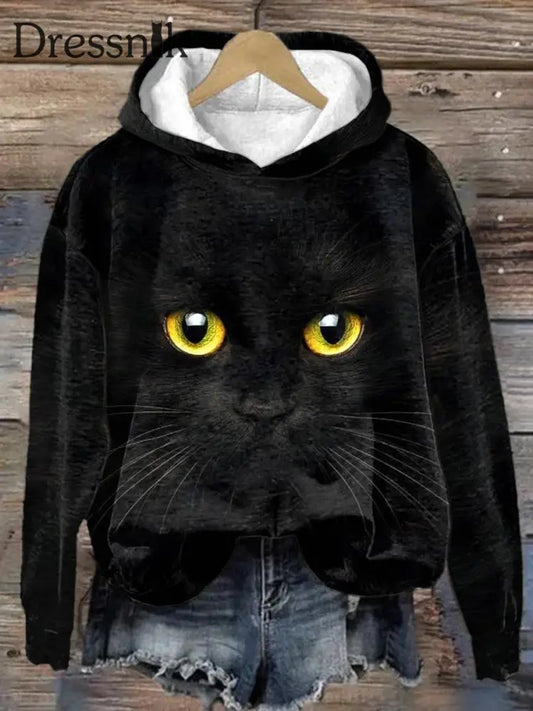 Retro Schwarzer Katzen Druck Modische Rundhals Pullover Langarm Top