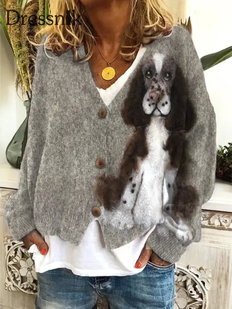 Retro Springer Spaniel Niedlicher Hunde Druck Mit Knöpfen Lässig Langarm Strickjacke Pullover A / S