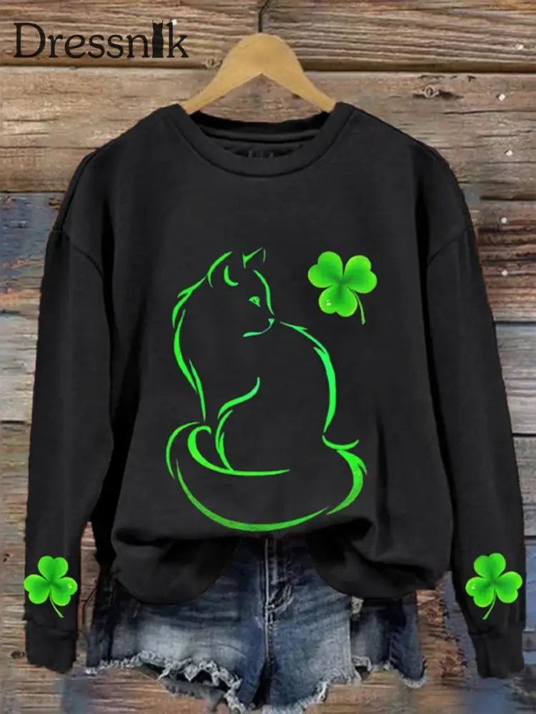 Retro St. Patrick’s Day Vier Blättriges Kleeblatt-Katzen Druck Modischer Rundhals Pullover