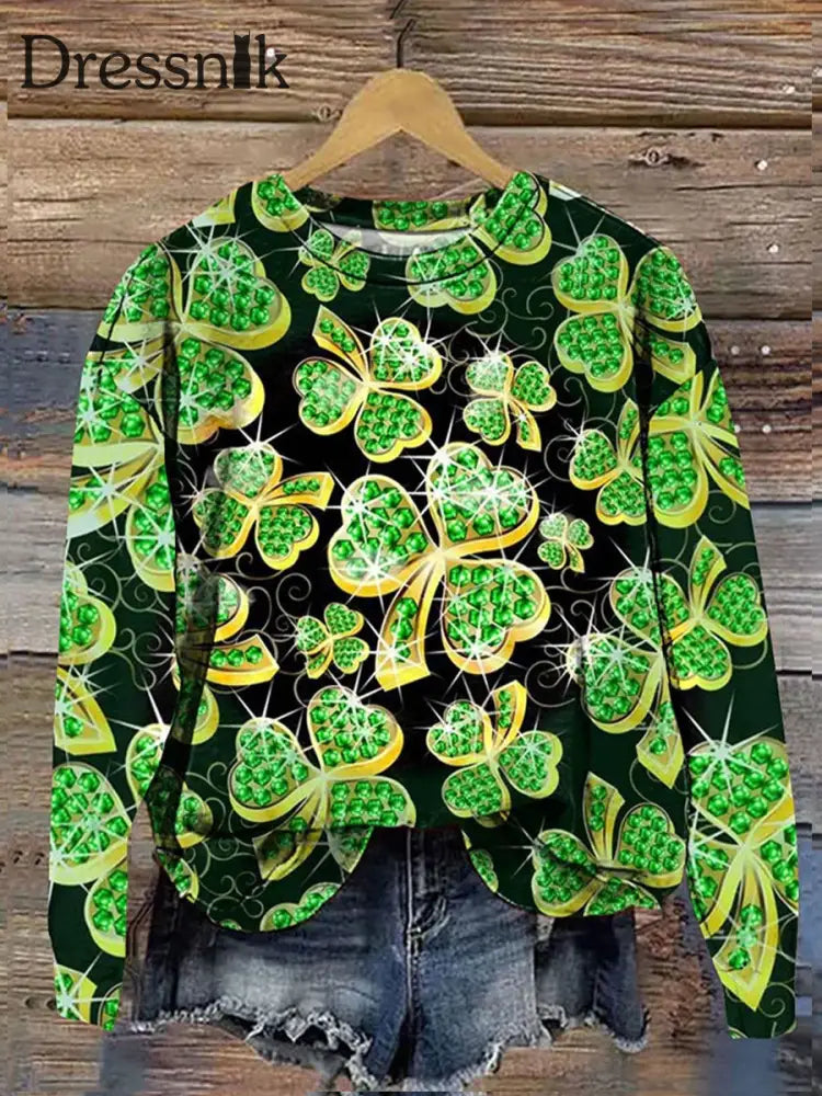 Retro St. Patrick’s Day Vierblättriges Kleeblatt-Print Modischer Rundhals-Pullover