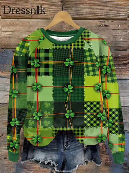 Retro St. Patrick’s Day Vierblättriges Kleeblatt-Print Modischer Rundhals-Pullover