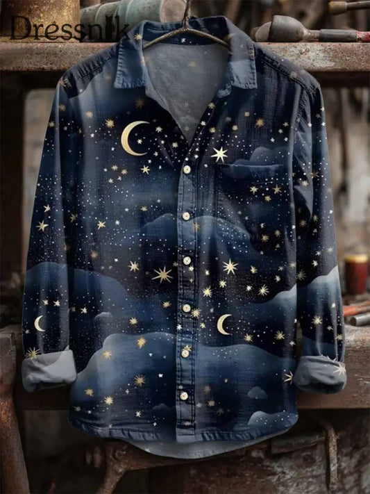 Retro Stern und Mond druck Langarm Hemd als bild / S