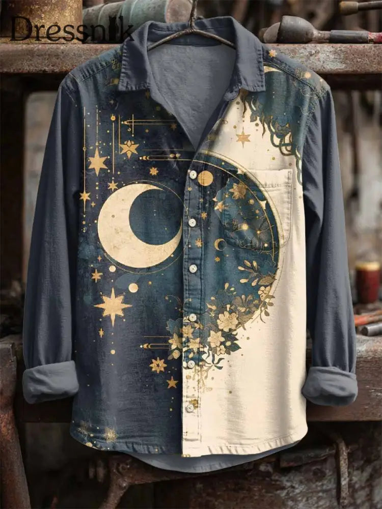 Retro Stern und Mond druck Langarm Hemd als bild / S