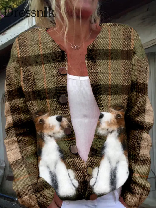 Retro Terrier Gruppe Niedlicher Hunde Druck Mit Knöpfen Lässig Langarm Strickjacke Pullover A / S