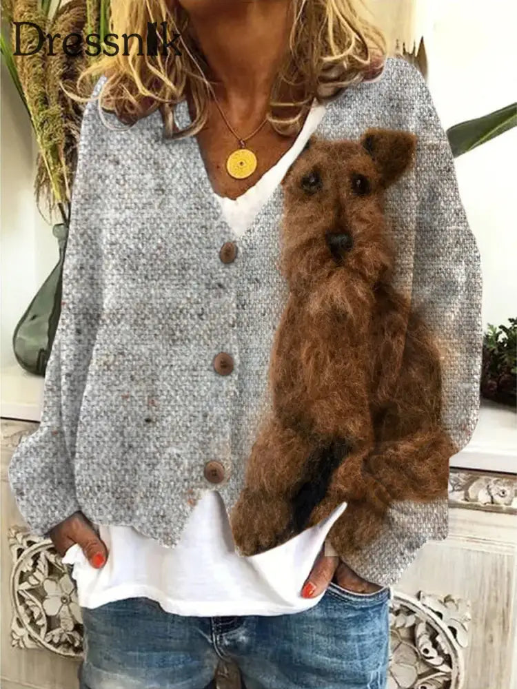 Retro Terrier Gruppe Niedlicher Hunde Druck Mit Knöpfen Lässig Langarm Strickjacke Pullover A / S