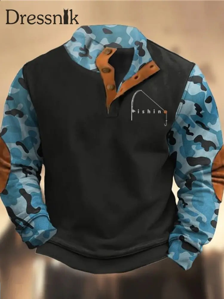 Retro Textur Muster Bedruckt Western Vintage Henry Button V-Ausschnitt Outdoor Dickes Sweatshirt A