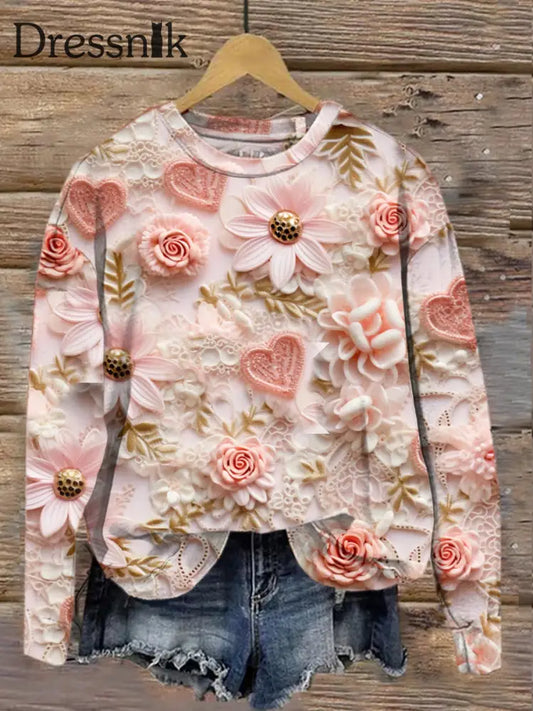 Retro Valentinstag Blumen Druck Mode Rundhals Langarm Top