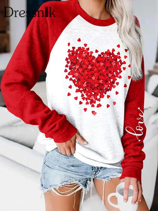 Retro Valentinstag Herz Druck Mode Rundhals Langarm Top