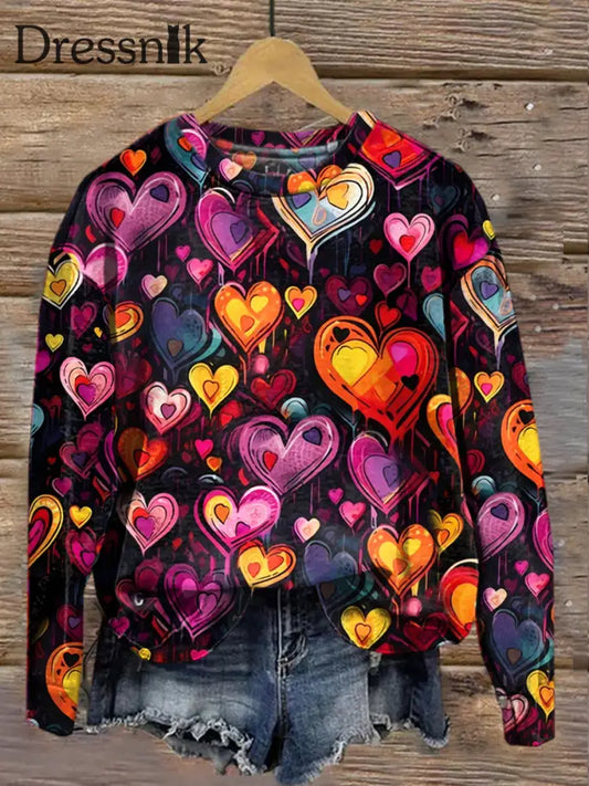 Retro Valentinstag Herz Druck Mode Rundhals Langarm Top