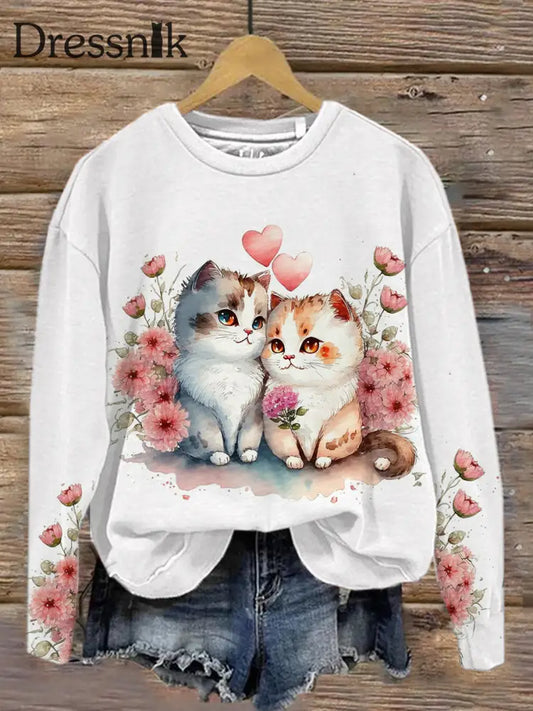 Retro Valentinstag Katze Kunstdruck Modische Rundhals Pullover Langarm Top