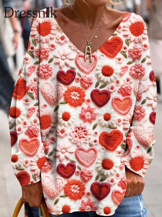 Retro Valentinstag Liebe Blumen Druck Mode V-Ausschnitt Langarm Top