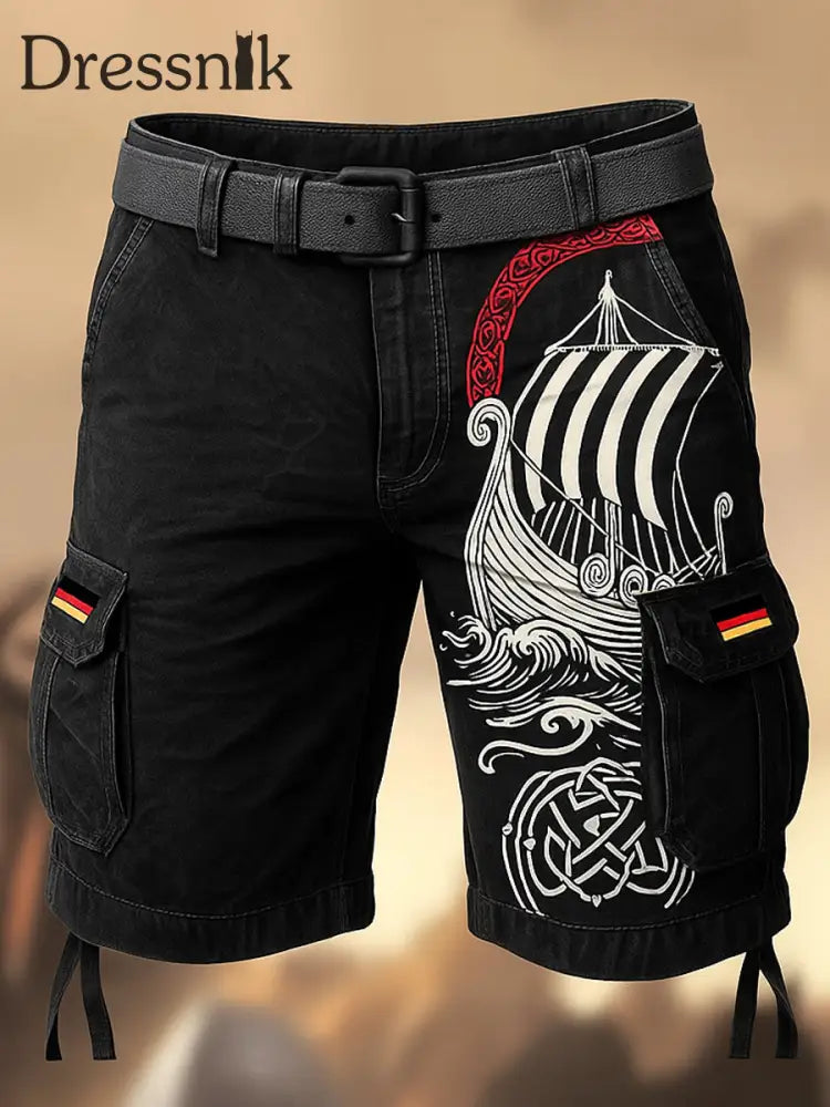Retro Viking Kieler Woche bedruckte Textur Kordel zug Tasche Freizeit-Cargo-Shorts A / M