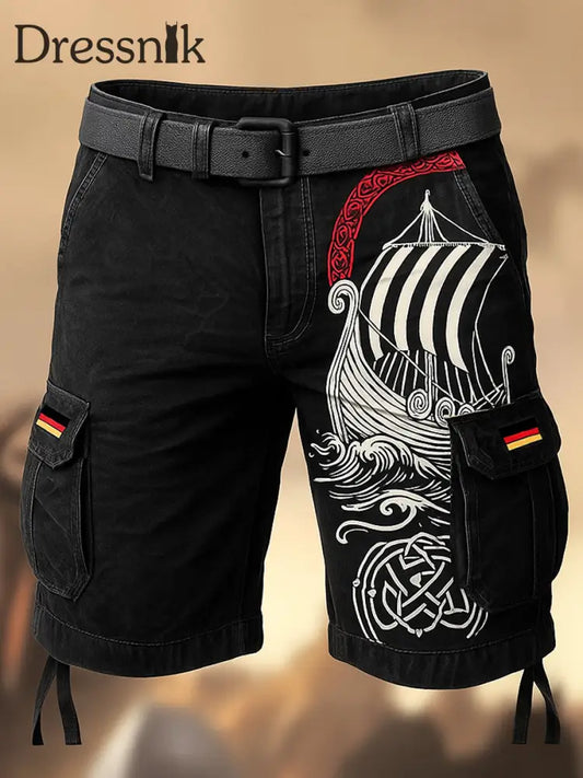 Retro Viking Kieler Woche bedruckte Textur Kordel zug Tasche Freizeit-Cargo-Shorts A / M