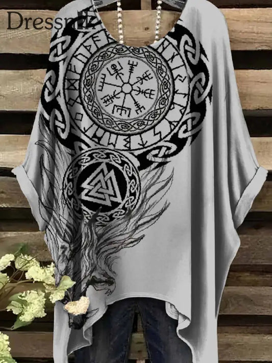 Retro Viking Print Casual Topp För Kvinnor als bild / S