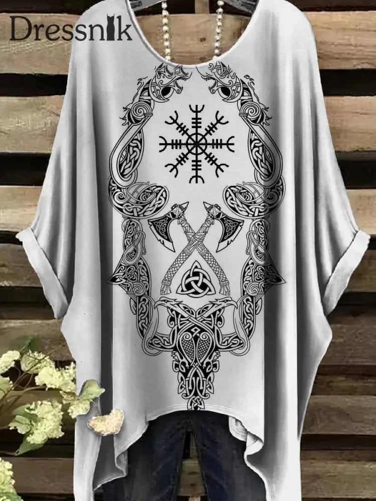 Retro Viking Print Casual Topp För Kvinnor als bild / S