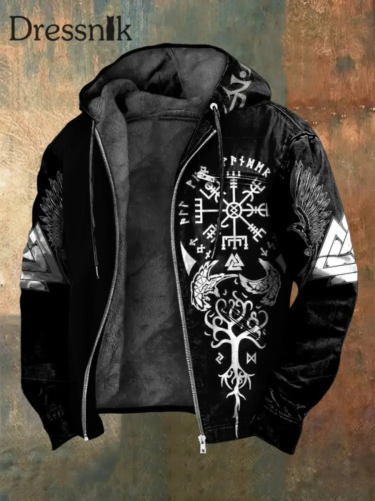 Retro Viking Rune Totem Freizeit jacke mit Fleece ausgekleidet Kapuzen jacke Schwarz / S
