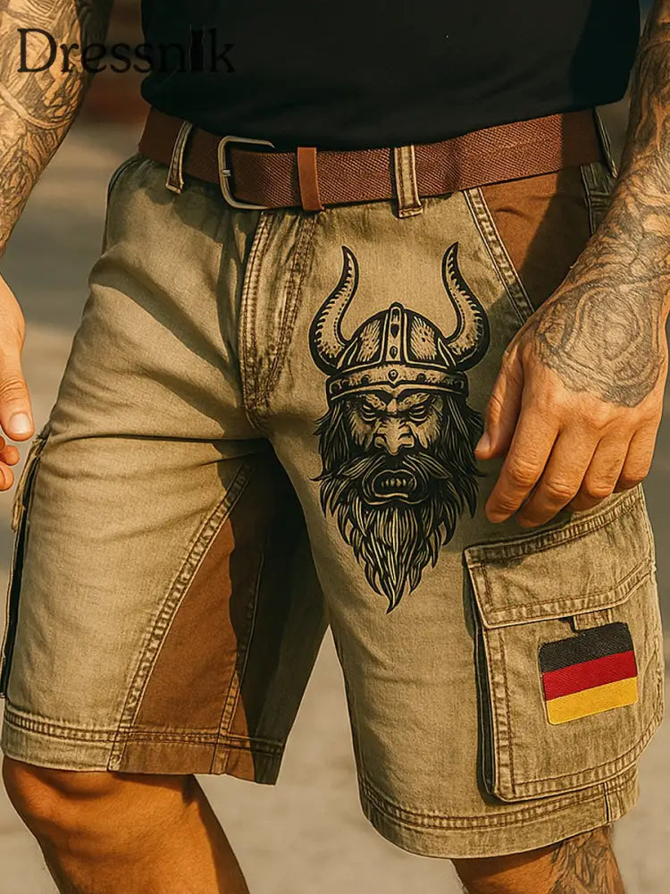 Retro Vikings Art Deutschland Flagge bedruckte Outdoor-Freizeit-Textur Tasche Freizeit-Cargo-Shorts A / S