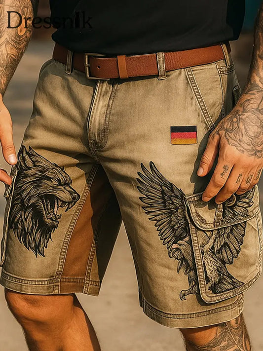 Retro Vikings Art Deutschland Flagge bedruckte Outdoor-Freizeit-Textur Tasche Freizeit-Cargo-Shorts A / S