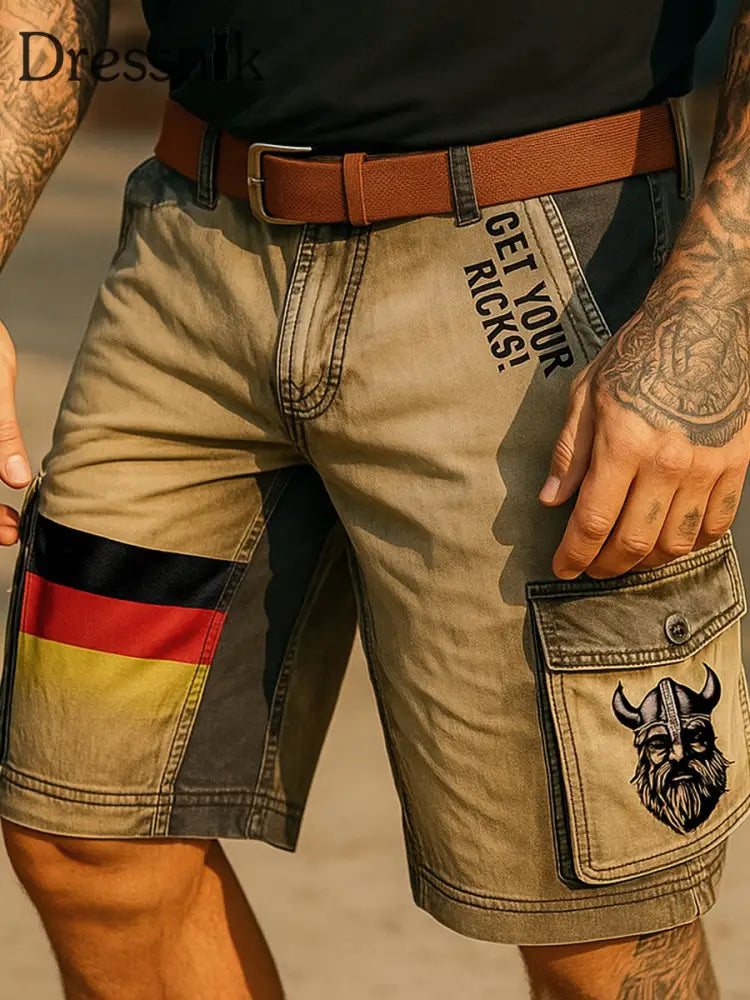 Retro Vikings Art Deutschland Flagge bedruckte Outdoor-Freizeit-Textur Tasche Freizeit-Cargo-Shorts A / S