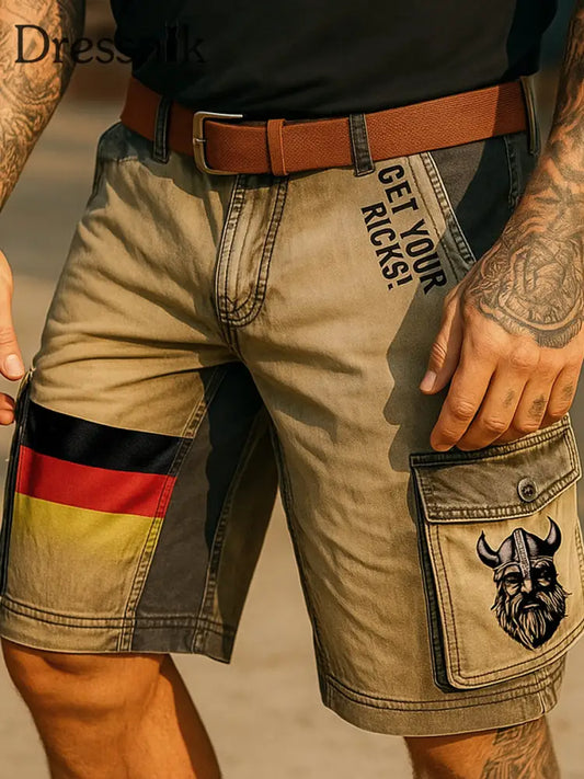 Retro Vikings Art Deutschland Flagge bedruckte Outdoor-Freizeit-Textur Tasche Freizeit-Cargo-Shorts A / S
