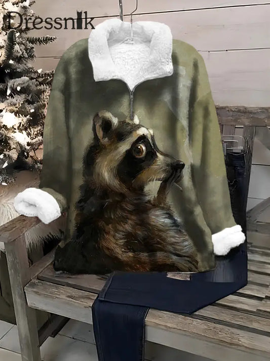 Retro Waschbär Kunst Druck Mode Revers Plüsch Langarm Top