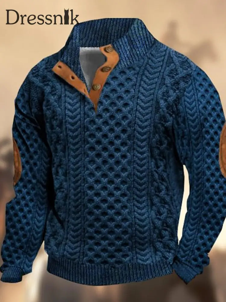 Retro-Web-Textur-Muster Bedruckt Western Vintage Henry Button V-Ausschnitt Outdoor Dickes