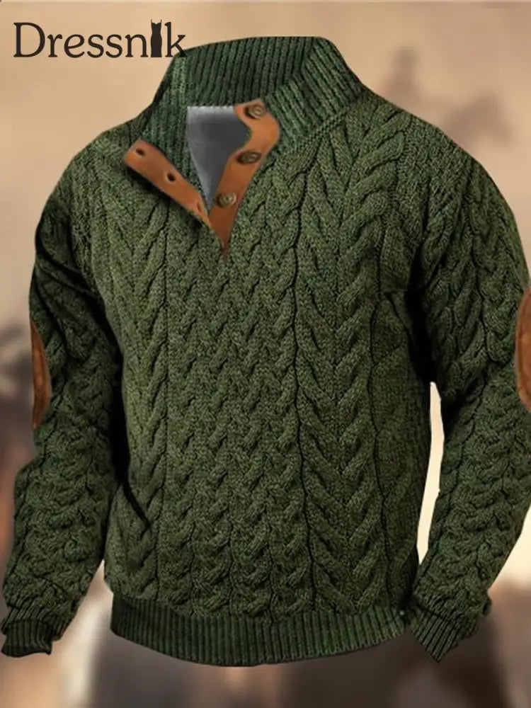 Retro-Web-Textur-Muster Bedruckt Western Vintage Henry Button V-Ausschnitt Outdoor Dickes
